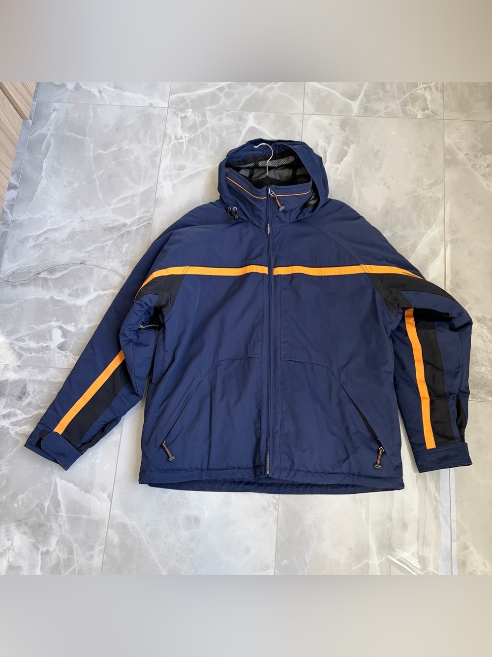 Vintage Obermeyer Ski Jacket Men's Large Blue Yellow White Hood Pockets 90s